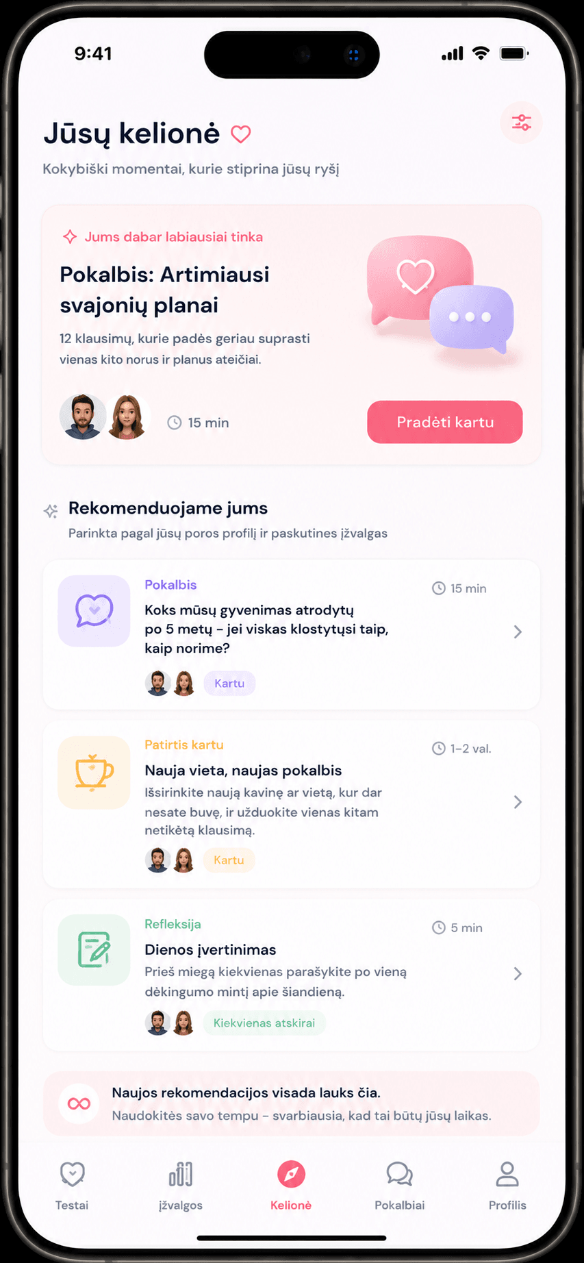 Kjut programėlės poros kelionė ir suasmenintos rekomendacijos