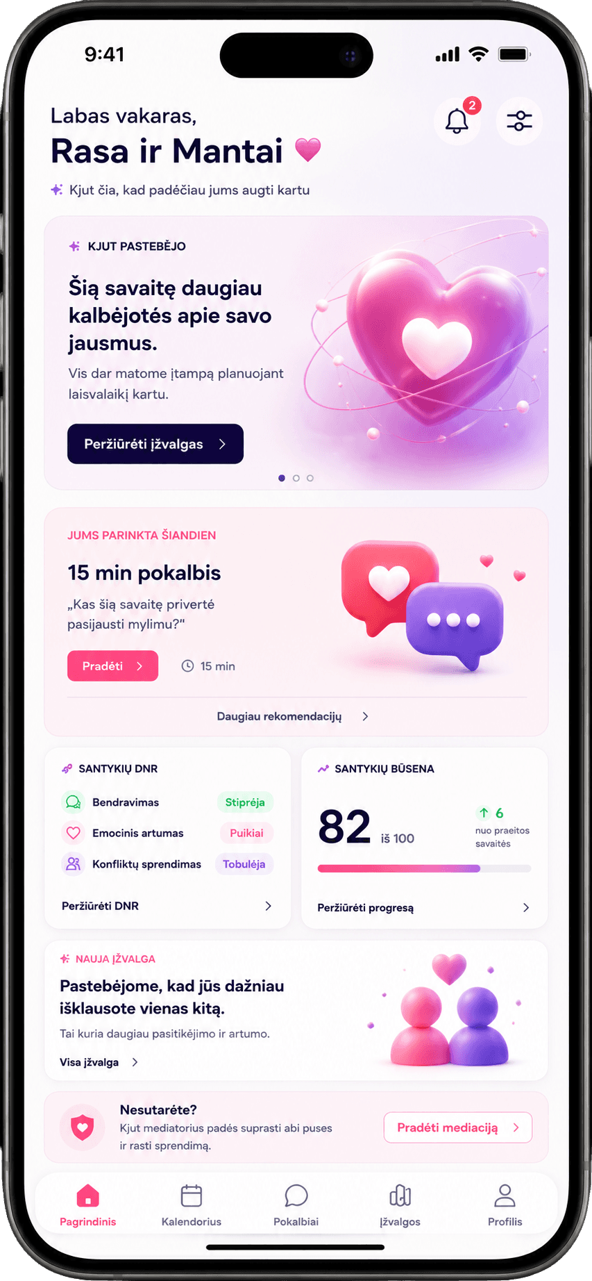Bondy programėlės pagrindinis ekranas su poros programa